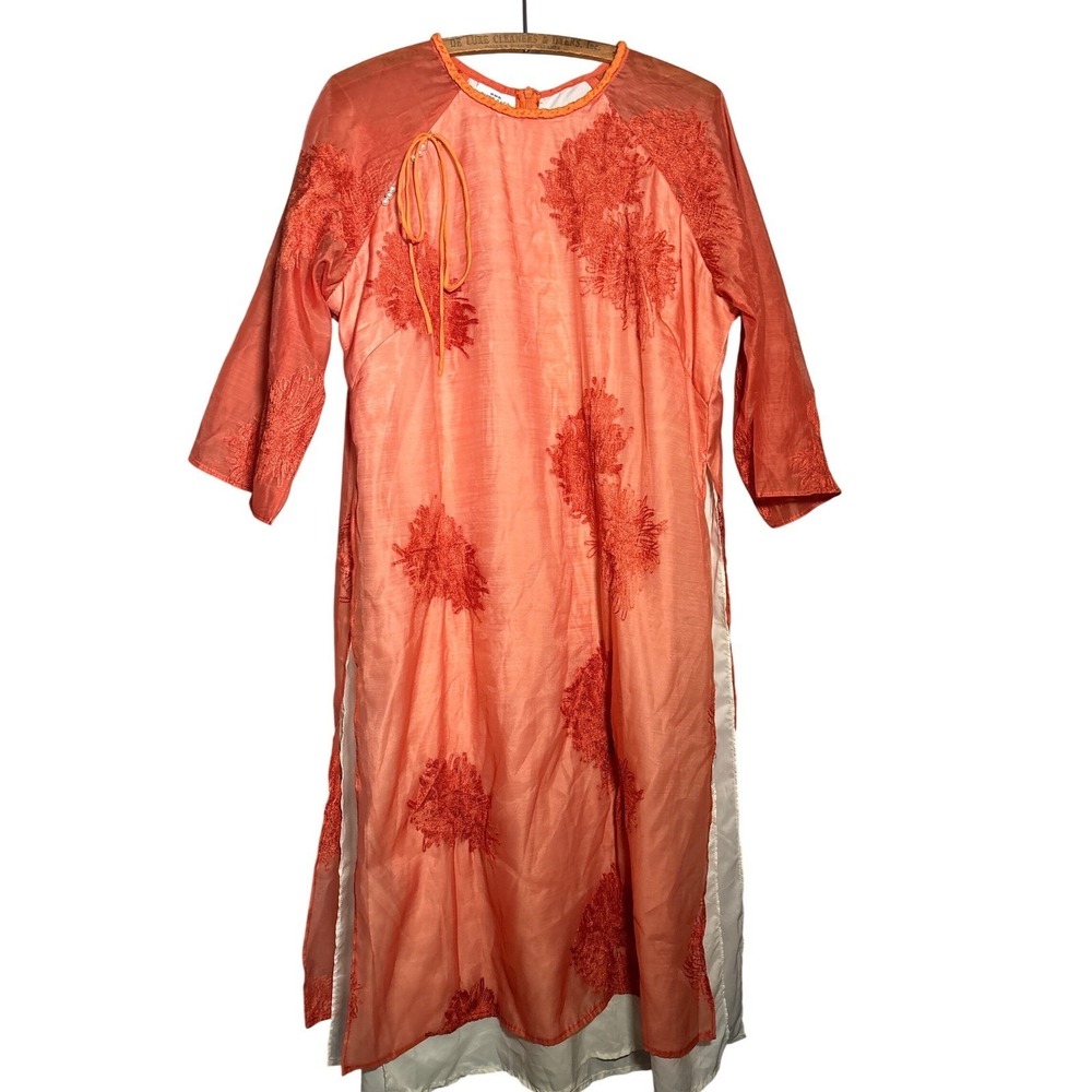 Ao Dai by Cute Sass XL Orange Embroidered Vietnamese Tunic Dress Pearl Accent